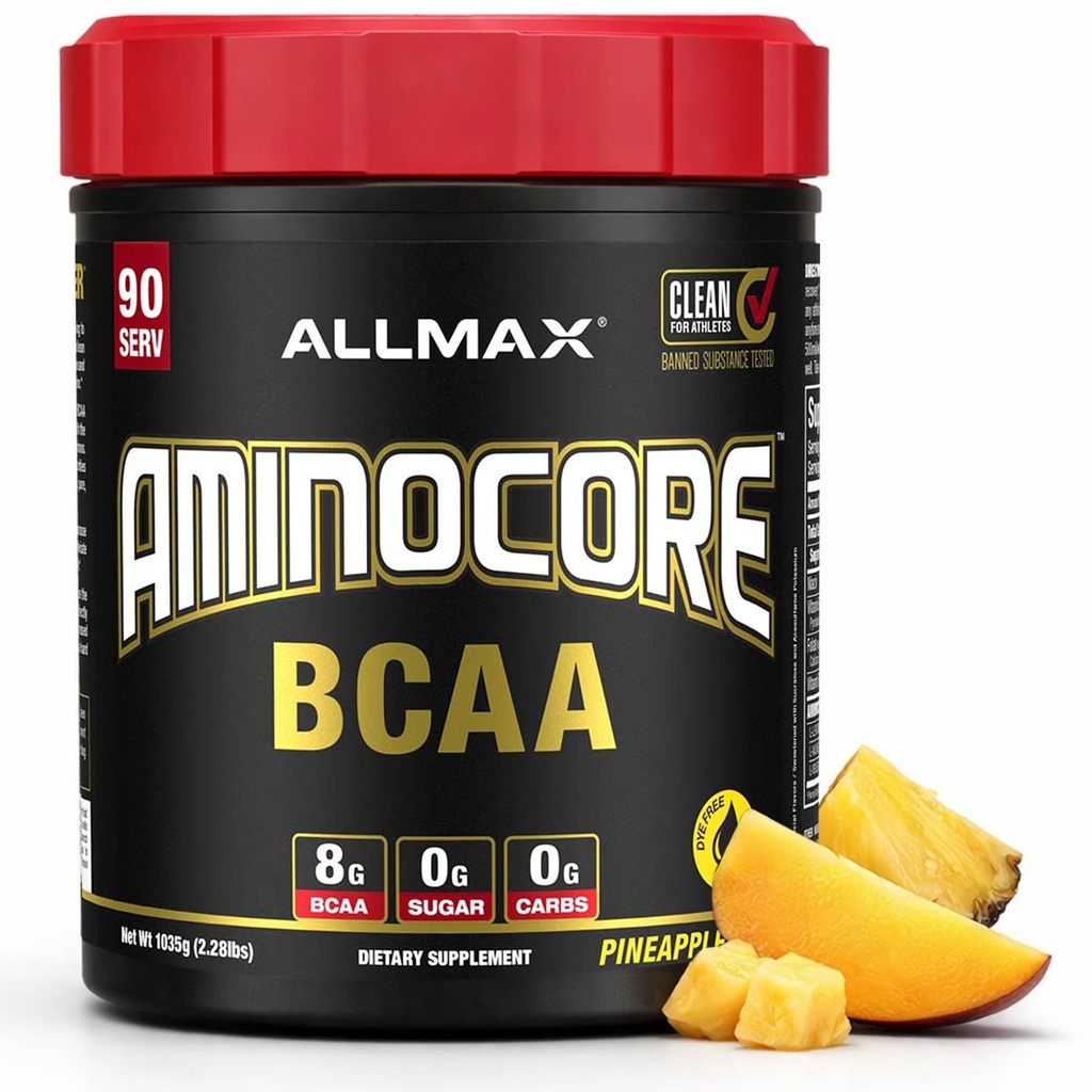 ALLMAX Nutrition AMINOCORE BCAA, Ananas Mango - 945 g Powder - 8.18 Grams haaraketju Amin Acids Per Serving - B-vitamiinit - Ei täytettä tai non-BCAA Aminos - Sokeriton - 90 tarjoilua