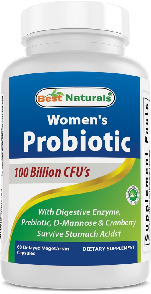 Bästa Naturals Probiotics för kvinnor 100 miljarder CFU - 10 Strains + Prebiotics Fiber + Digestive Enzyme Blend + Women's Health Herbal Blend - Immune, Digestive & Gut Health - 60 Deleyaed Capsules