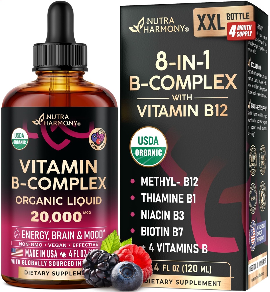 USDA Organic B-komplex B5 Pantotenic Acid B12 Methylcobalamiini B1 Tiamiini B6 Pyridoksiini B7 Biotiini B9 Folic B3 Niacinamide - B Complex Liquid Drops, Made in USA Supplement, 4 fl oz