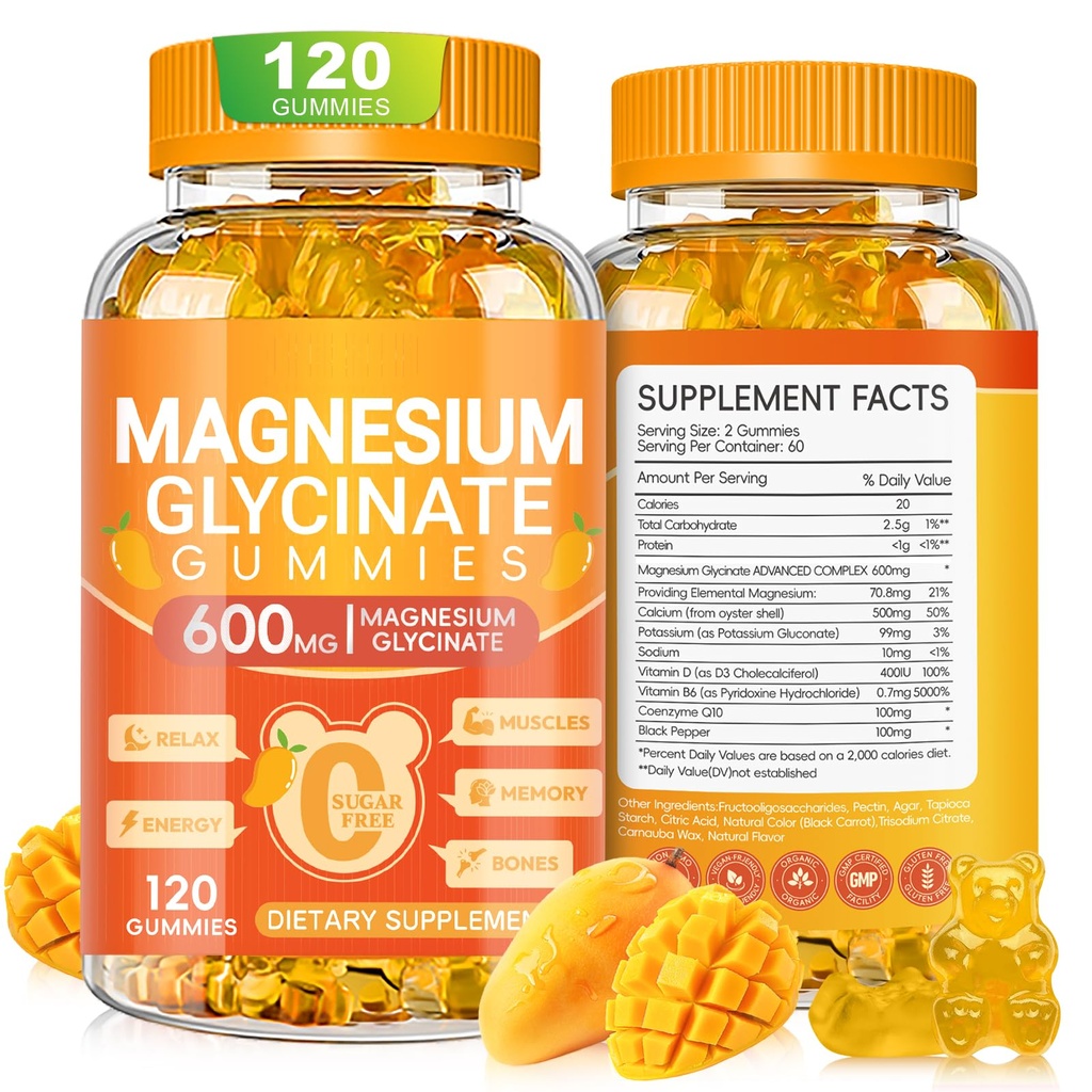 Magnesium Glycinate Gummies 600mg, Chewable Sugar Free Potassium Magnesium Gummies med Magnesium Glycinate, vitamin D, B6 och CoQ10 för sömn, avkoppling, hjärna och muskel, 120 greve