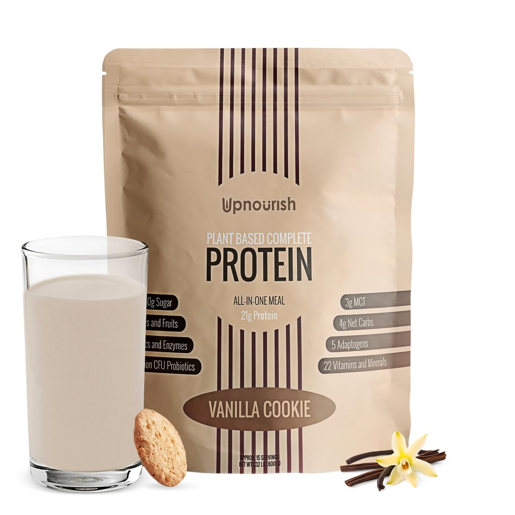 UpNourish Vanilla Cookie Vegan Protein Powder 54 Superfoods Powder,1,5 miljarder CFU Probiotics 21g Plant Based Protein, No Sugar No Dairy No GMO Dairy Free, Meal Replacement Shake Keto-Friendly Low-Carb Diet, 15 Servings