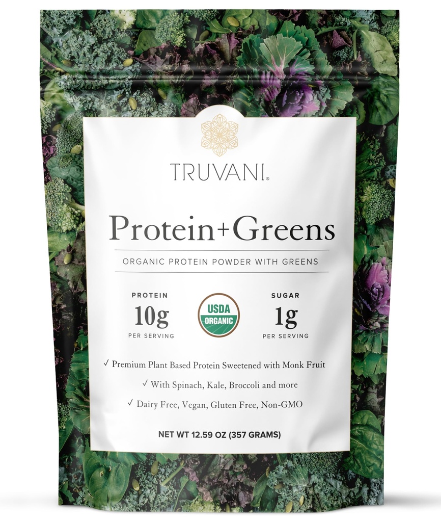 Truvani Protein + Greens Supplement | Spinach, Kale & Broccoli | 10g Organic Plant Based Protein | 20 portioner | USDA Organic | Gluten & Dairy Free | Vegan | No Added Sugar