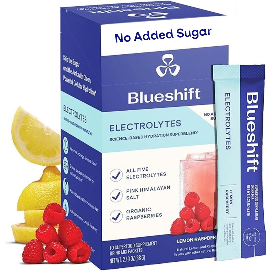 Blueshift Electrolytes - Natural Electrolytes Powder Packets, Organic Hydration Packets, Electrolyte Drink Mix Sticks ilman sokeria, Single Serve Pack - Sitruunavadelma maku, jauhetikkuja (10 pakkaus)