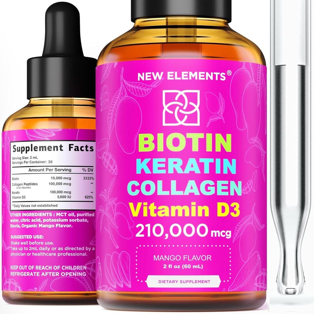 Liquid Biotin Keratin Collagen Peptides & D3-vitamiinia hiusten kasvua MCT Oil Drops 210 000 mcg 