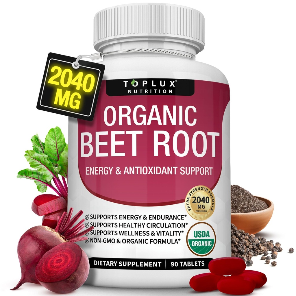Organic Beet Root Powder Tablets - 2040mg Natural Nitric Oxide Beets för att stödja, energi, Black Pepper Better Absorption, Non-GMO, för Män Kvinnor, 90 tabletter