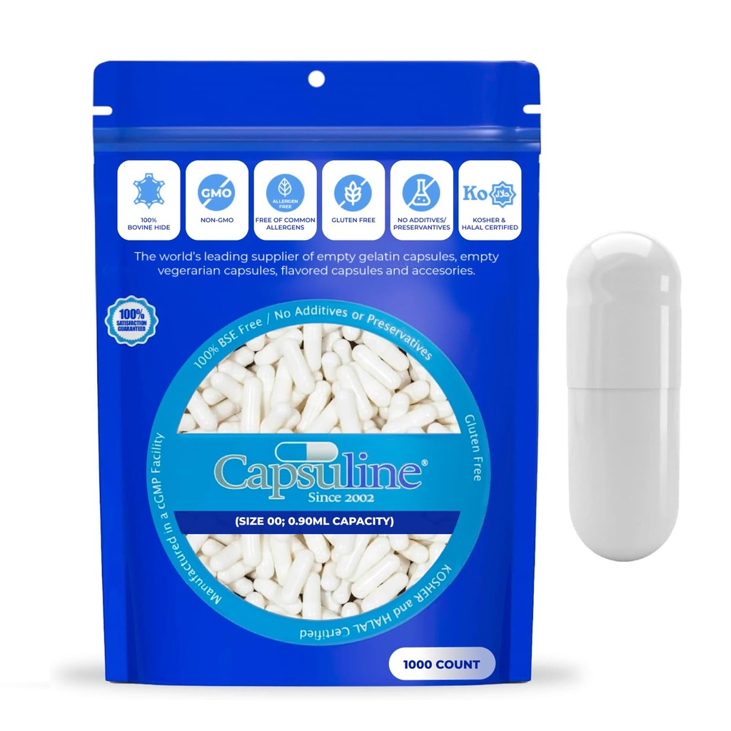Capsuline Size 000 - Färgade White Empty Gelatin Capsules - 1000 Count - Empty Gel Pill Capsules - DIY Pure Bovine Pill Capsule Fyllning - Tomma Caps - Kosher och Halal Certified - Icke-GMO Certified