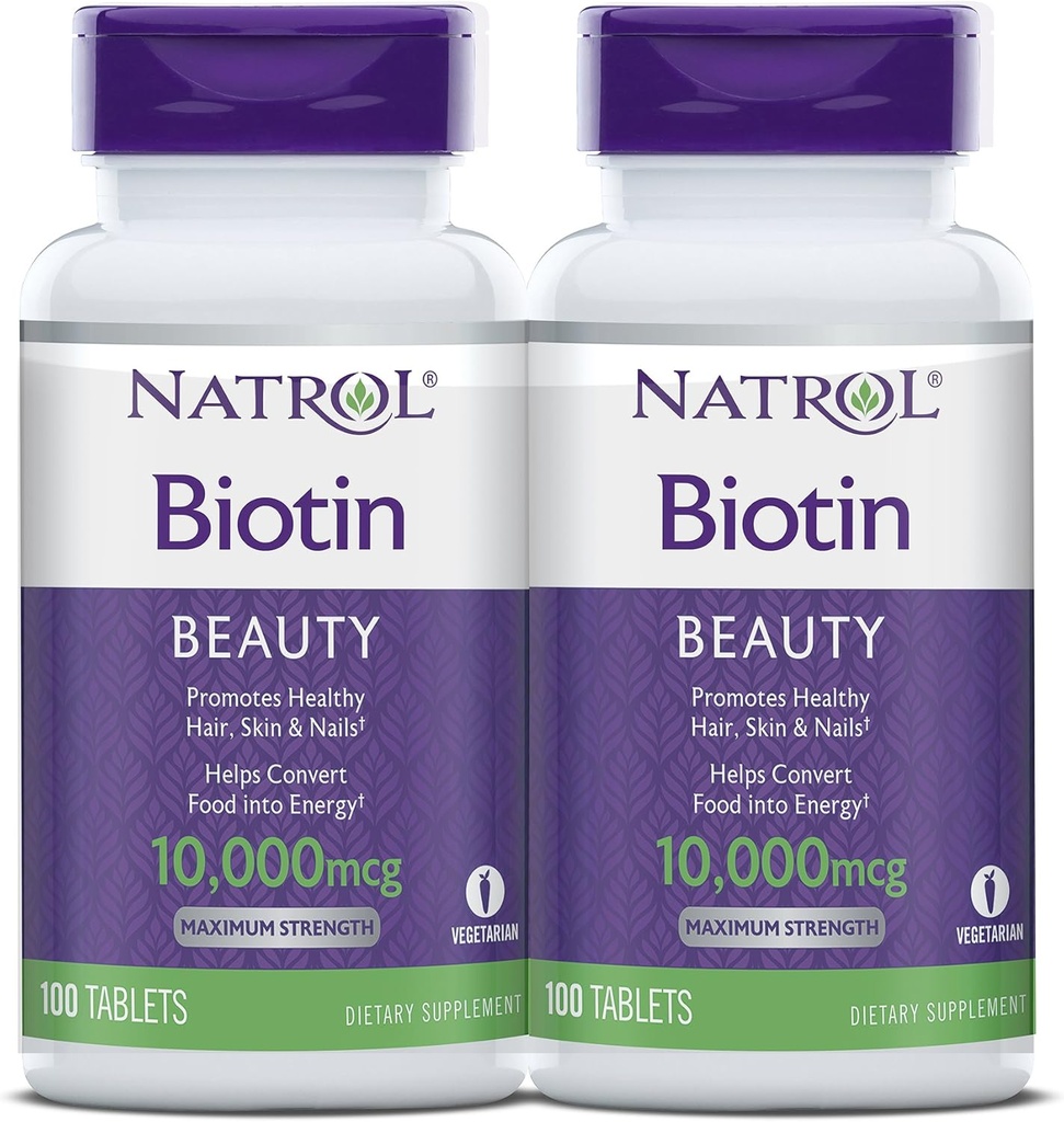 Natrol Biotin Beauty Tablets, edistää terveitä hiuksia, ihoa ja kynsiä, auttaa tukemaan energian aineenvaihduntaa, auttaa muuntamaan ruoan energiaksi, suurin vahvuus, 10 000 mcg, 100 lukumäärä (pakkaus 2)
