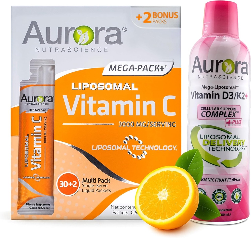 Aurora Nutrascience Mega Liposomal C 32 Pack + D3/K2-vitamiini pullo Bundle - täydentää immuunitukea & kognitiivinen terveys - 32 tarjoilua Jokainen