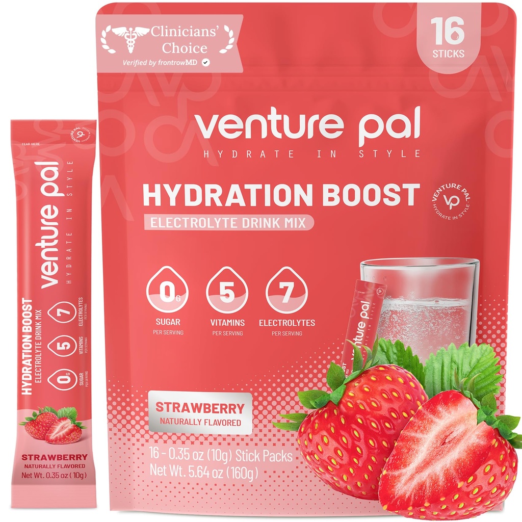 Venture Pal Sugar Free Electrolyte Powder Packets - Liquid Daily IV Drink Mix för snabb Hydration & Party Recovery | 5 Vitaminer & 7 Electrolytes | Keto Friendly | Non-GMO | Certified Vegan | 16 Sticks