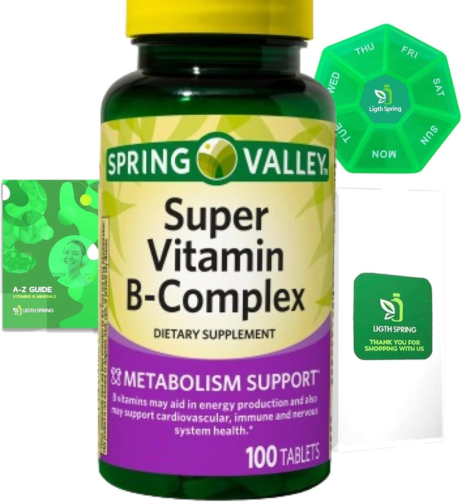 Super-vitamiini B-komplex 100 tablettia Ruokavalion täydentää Bundle Exclusive Better Ligth & Spring Guide + Weekly Pill Järjestä (3 tuotetta)