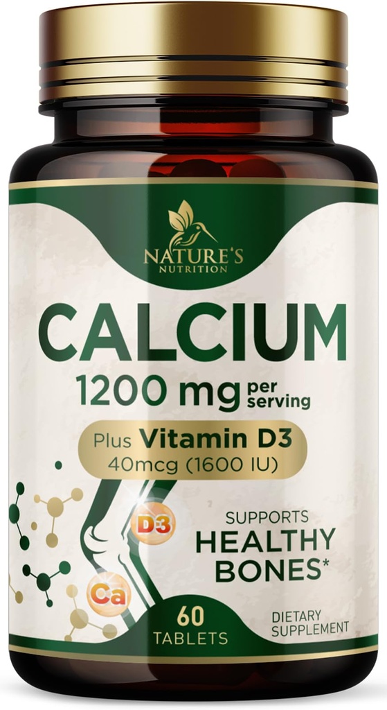 Kalcium 1200 mg med vitamin D3 - Benhälsotillskott, D-vitamin och kalciumtillskott för kvinnor och män - Benstyrka, tänder och immunstöd, naturens kalciumpiller, buteljerade i USA - 60 tabletter