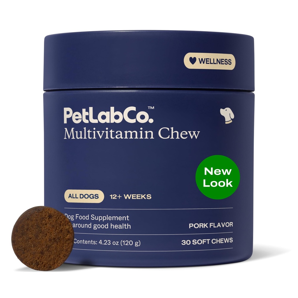 PetLab Co. 22 in 1 Koira Multivitamiini - Tuki koiran immuunivaste, iho, takki, nivelet & yleinen terveys - vitamiinit A, E, D, B12, mineraalit, hapettumisenestoaineet - purutabletti Pork Flavor - Pakkaus