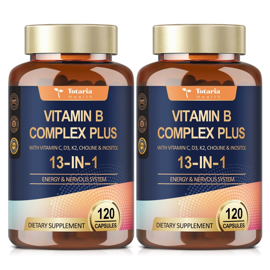13-in-1 B-vitamiinikompleksi Plus B1, B2, B3 (Niasiini), B4, B5, B6, B7 (Biotin), B8 (Inositoli), B9 (Folate), B12, C, D3, K2 energialle, Nerve, Immune, Iho - 120 kapselia per pullo - 2 pulloa