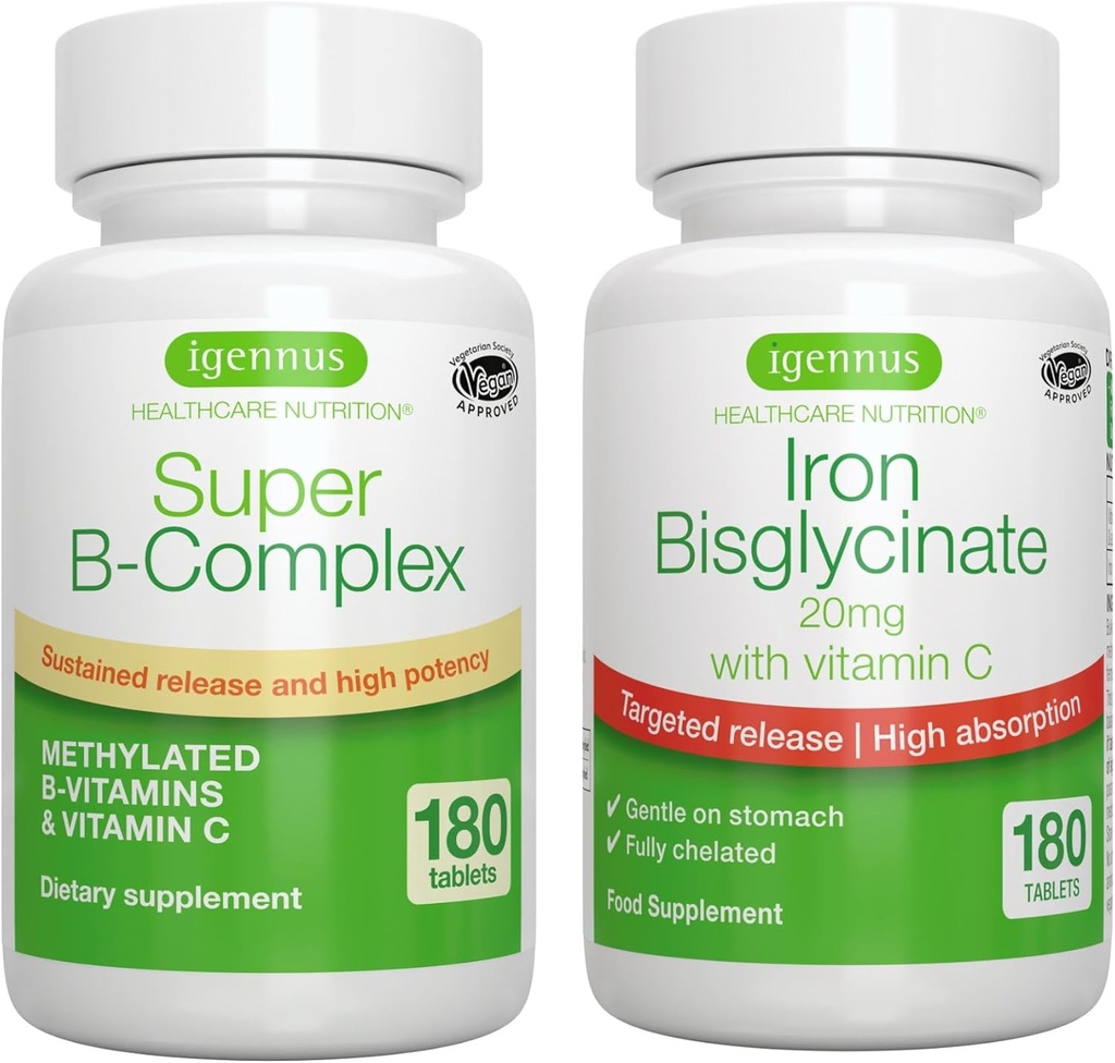 Super B- Complex & High Imeytyminen Rauta Bisglysinaatti 20 mg kanssa C-vitamiini, Vegaani Bundle, Methylated Release B Complex & Gentle One-a-Day Iron ja Targeted Release, Igennus