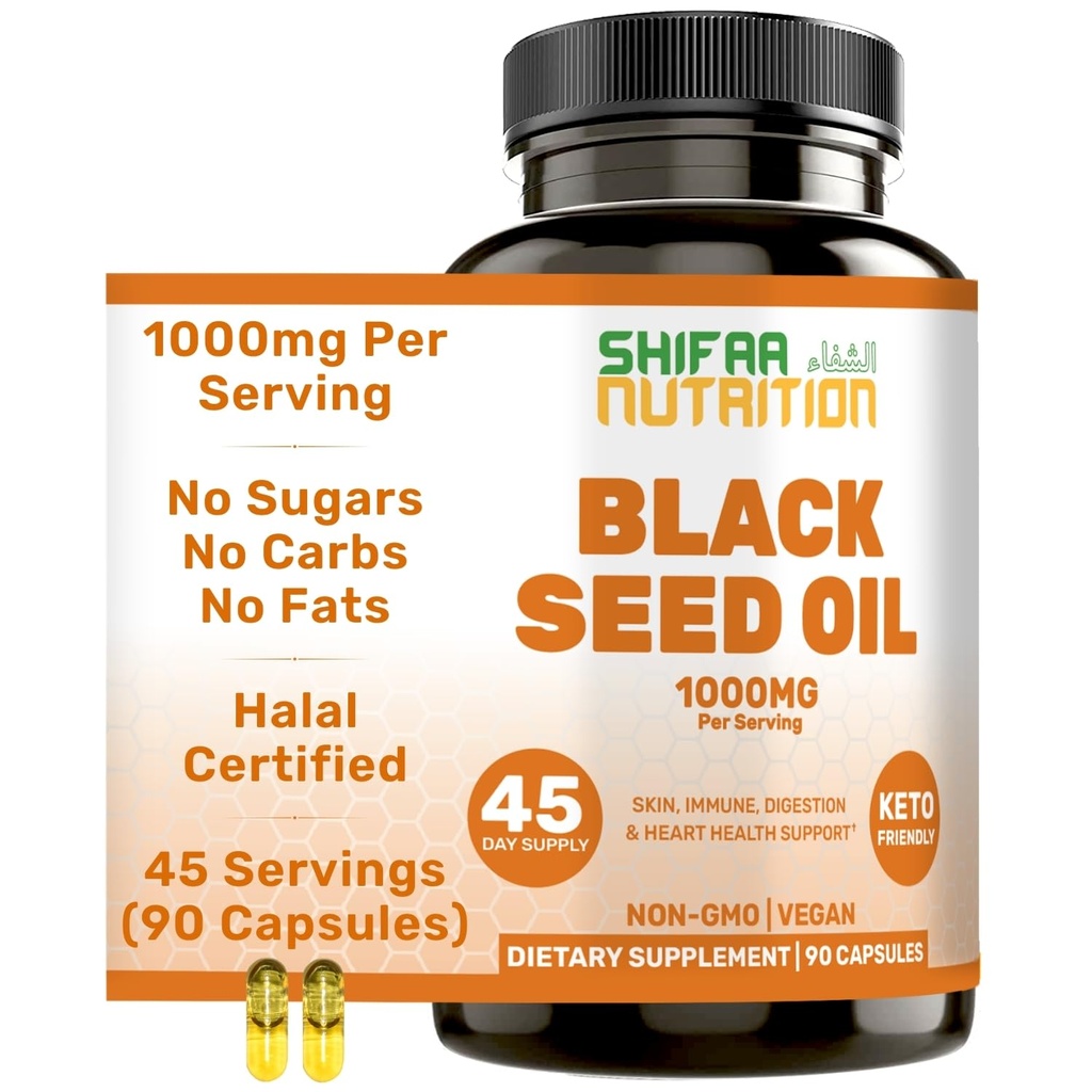 SHIFAA NUTRITION Halal Black Seed Oil | 1000mg 45 Servings | Nigella Sativa, Kalonji | Stöder hår, hud, gemensamma, immun, hjärta, utmattning