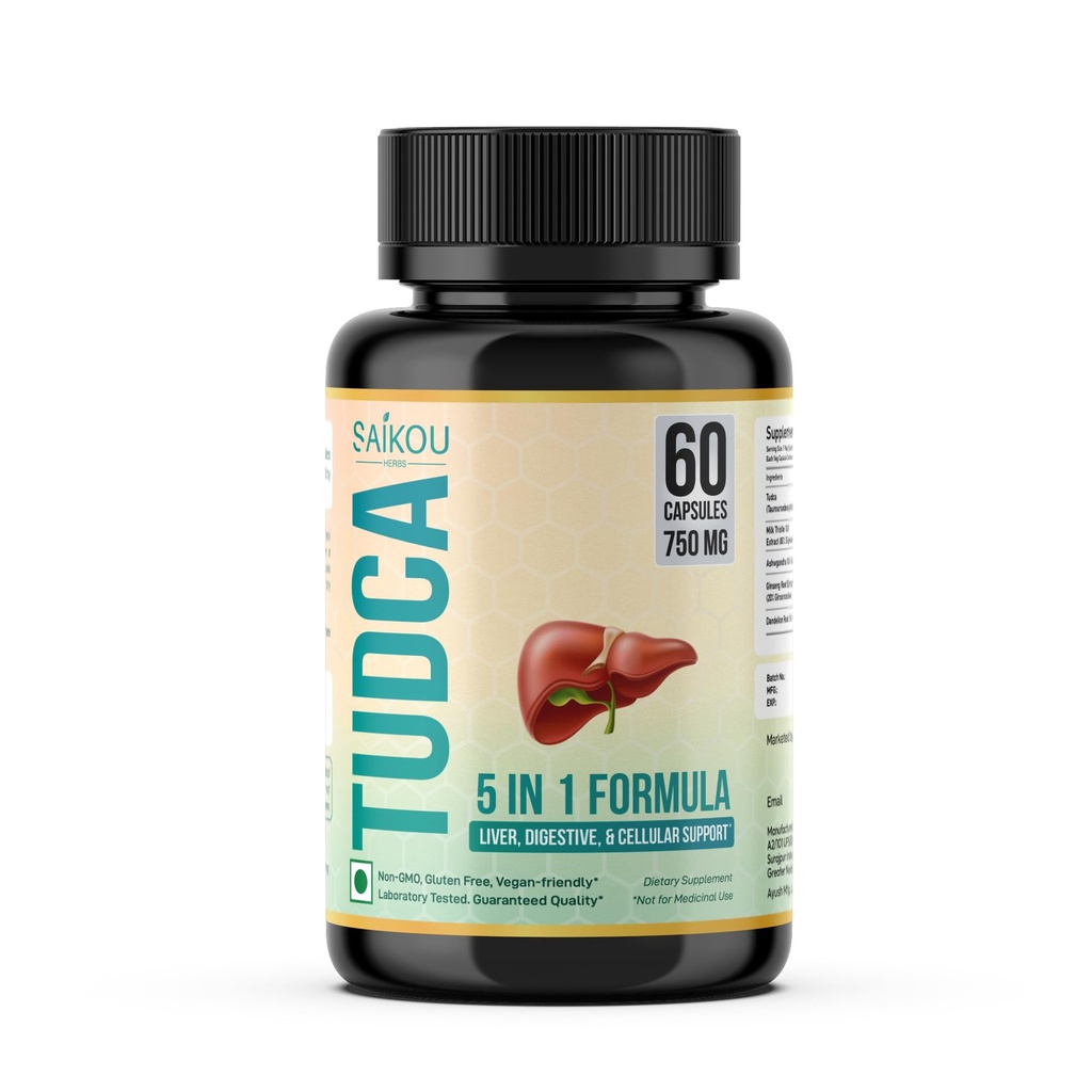 TUDCA (Taurousodeoksikoolihappo) 750mg - 5 in 1 Milk Thistle, Ashwagandha, Voikukka ja Ginseng - 60 Tarjoilua