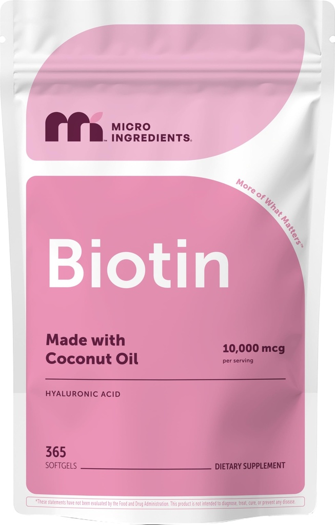 Micro Ingredients Biotin 10 000 mcg med Hyaluronsyra 25 mg per portion | Tillverkad med kokosolja | 365 Softgels | 1 per dag | Ett års leverans | Non-GMO & Gluten Free