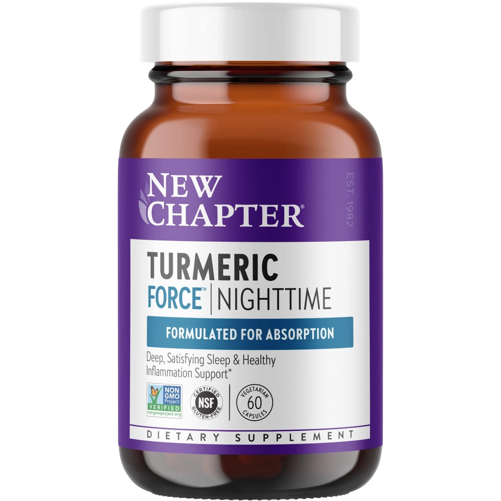 Uusi luku Kurkuma lisäravinteet + uniapu - Turmeeric Force Nighttime for Sleep Support with Valerian Root + Inkivääri + NO Black Pepper Needed + non-GMO Ingredients - 60 Kasvissyöjä kapseli
