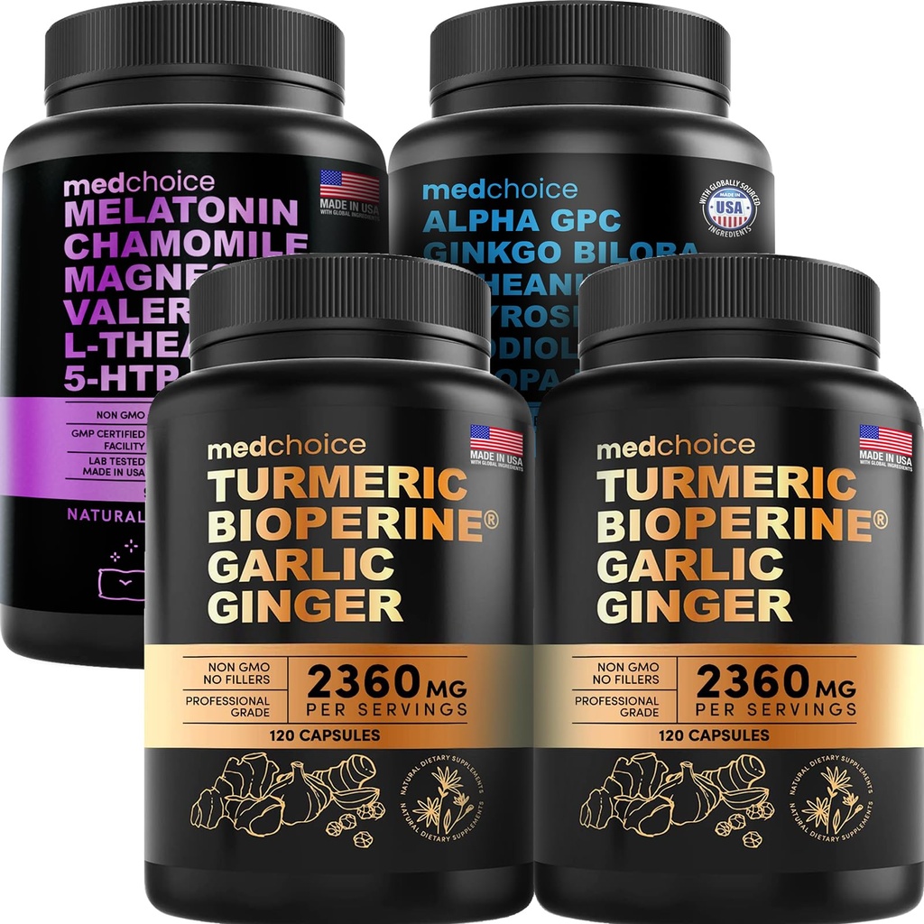 MEDCHOICE Turmeric & Inkivääri (240ct), Sleep Melatoniini (90ct) ja Nootropic Brain (60ct) Supplement Bundle - Wellness Trio aivoille, nukkua, & Immuuni tuki - Vegan, ei-GMO, Gluteenittomat