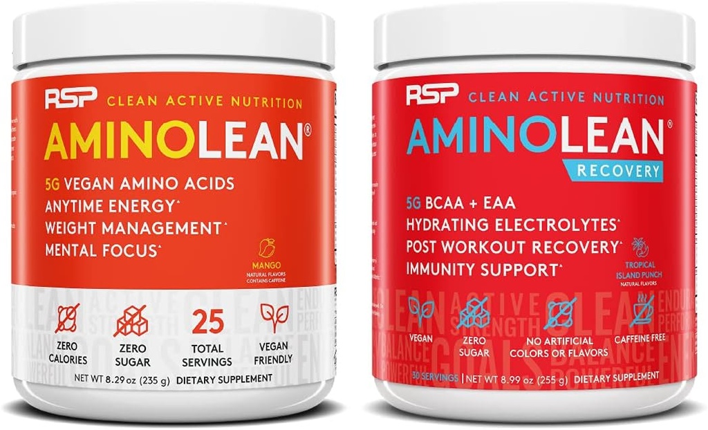 RSP NUTRITION Vegan AminoLean Pre Treenout Energy (Mango 25 Servings) kanssa AminoLean Recovery Post Treenout Boost (trooppinen Island Punch 30 Servings)