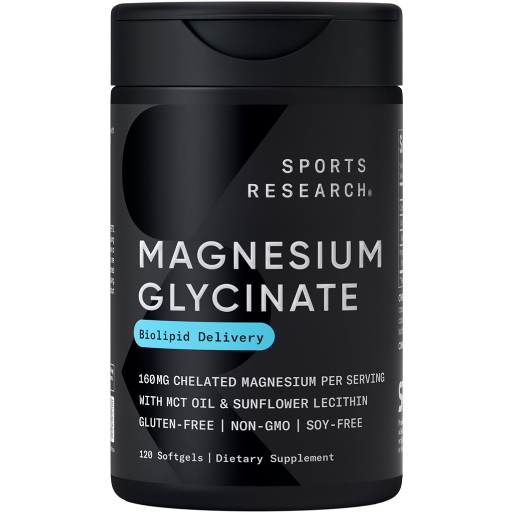 Sports Research® Magnesium Glycinate - Suports Rentouttava uni & Entsymaattiset prosessit - 160 mg kelated Magnesium - Liquid Softgel - 120