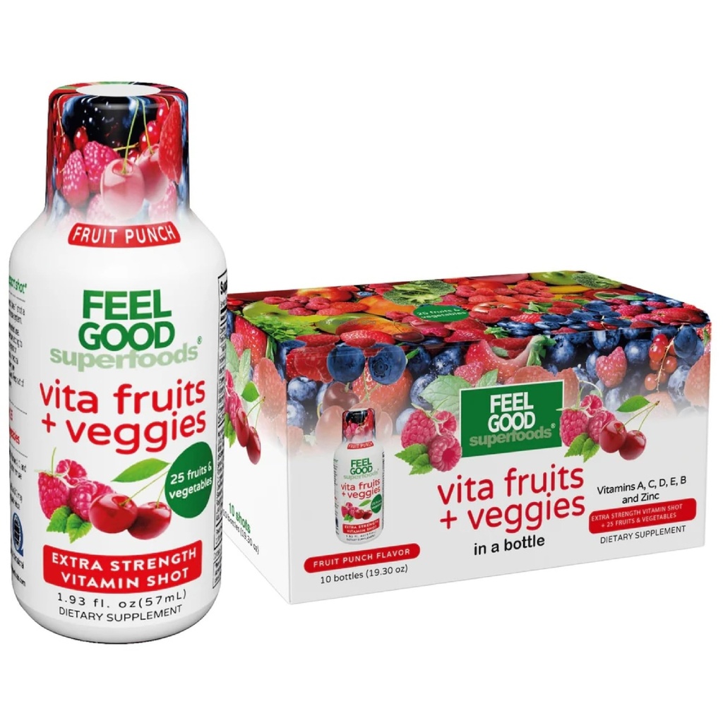 FeelGood Superfoods Vita Fruits and Veggys Immuunituki Shot Lisäravinteet, Fruit Punch Flavor, pakkaus 10 Immuniteetti laukausta, Immuunijärjestelmän Booster Drink Made with 25 Organic Fruit & Vihannekset