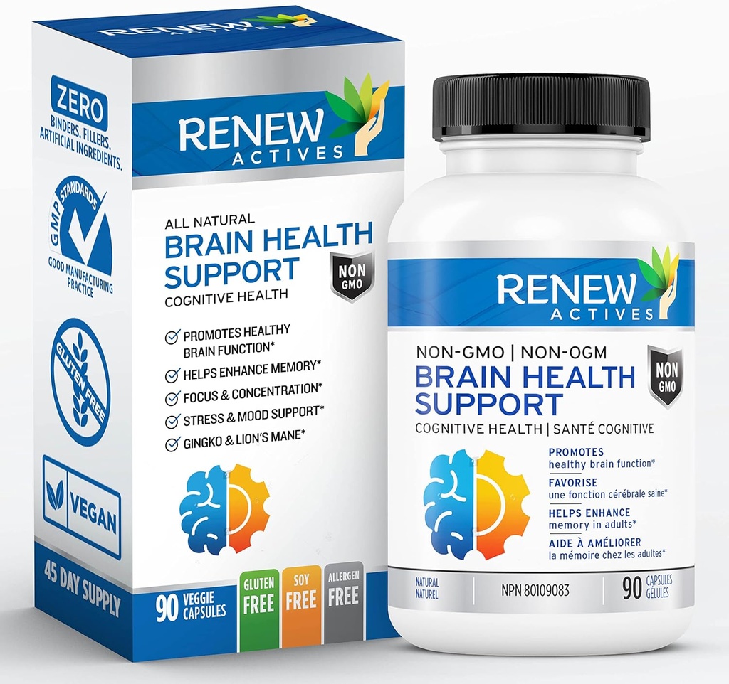 Renew Actives Brain Health Support - Bacopa 300MG, Ginkgo 100MG, Lion's Mane 200MG per 2 kapslar - Stöder kognitiv hälsa, förbättrat minne, främjar fokus och humör - Made in Canada - 90 kapslar