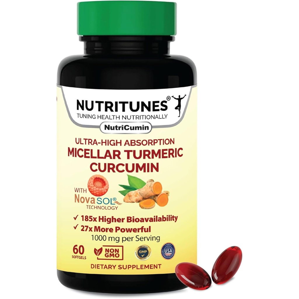 Gurkmeja Curcumin Supplement 1000mg för gemensamt stöd-185x Bioavailable & High Absorption med NovaSOL Technology - 60 NutriCumin Softgels