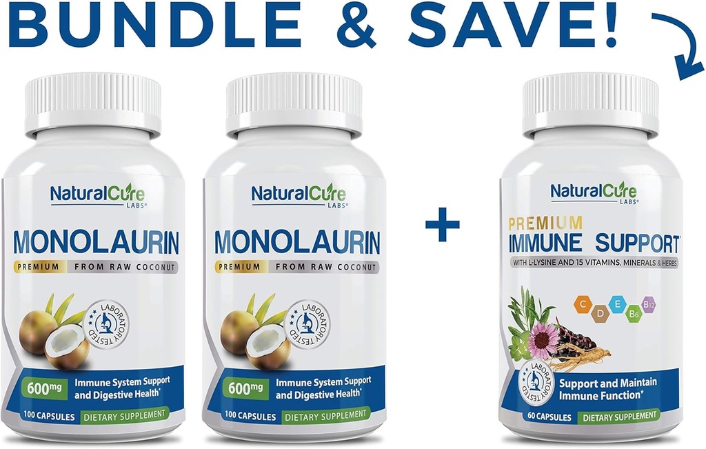 Luonnollinen Cure Labs Monolaurin 600mg 2 pakkaus + Immuunituki