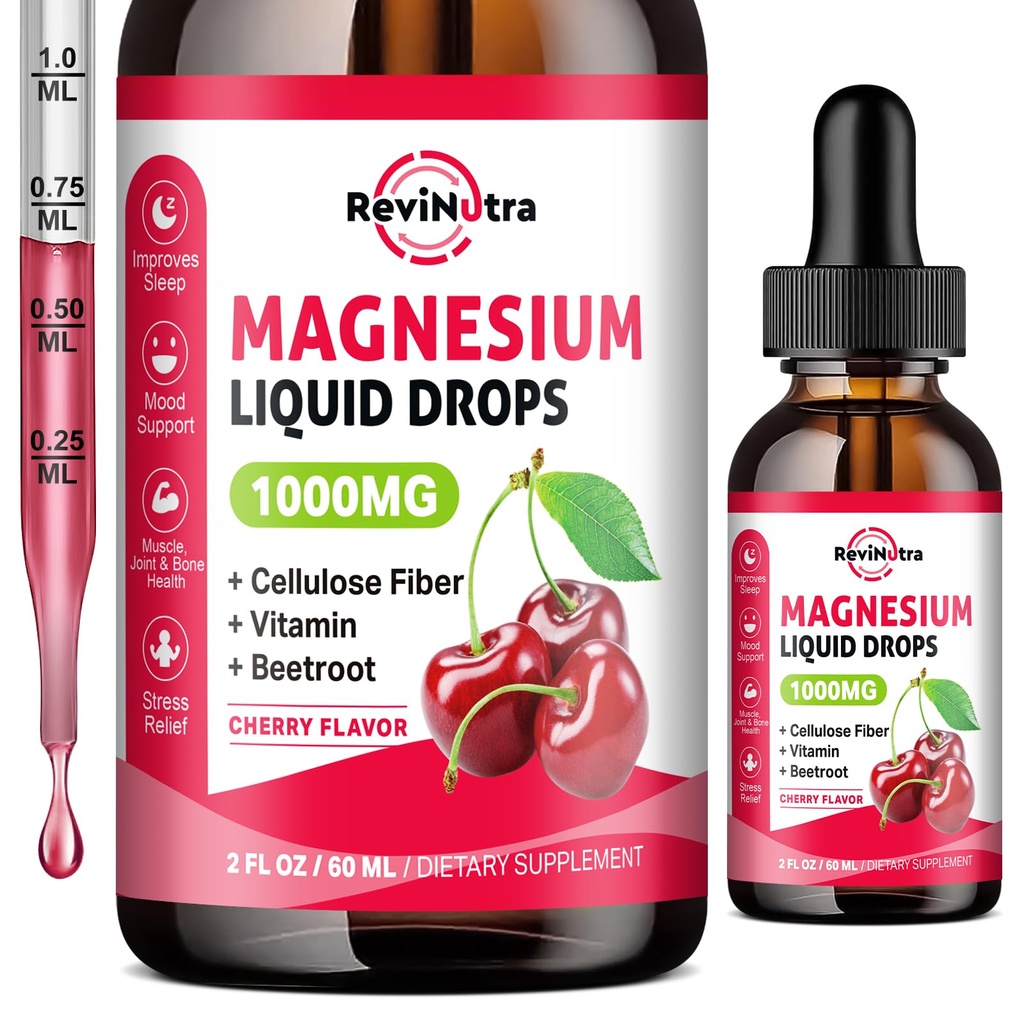 Magnesium Glycinate Liquid Drops, 1000 mg Magnesium Glycinate, Sitrate & Taurate Fiber, Beetroot, B-vitamiinin uni, rauhallinen, lihas, energia & rentoutuminen, 2 Fl Oz, sokeriton kirsikka