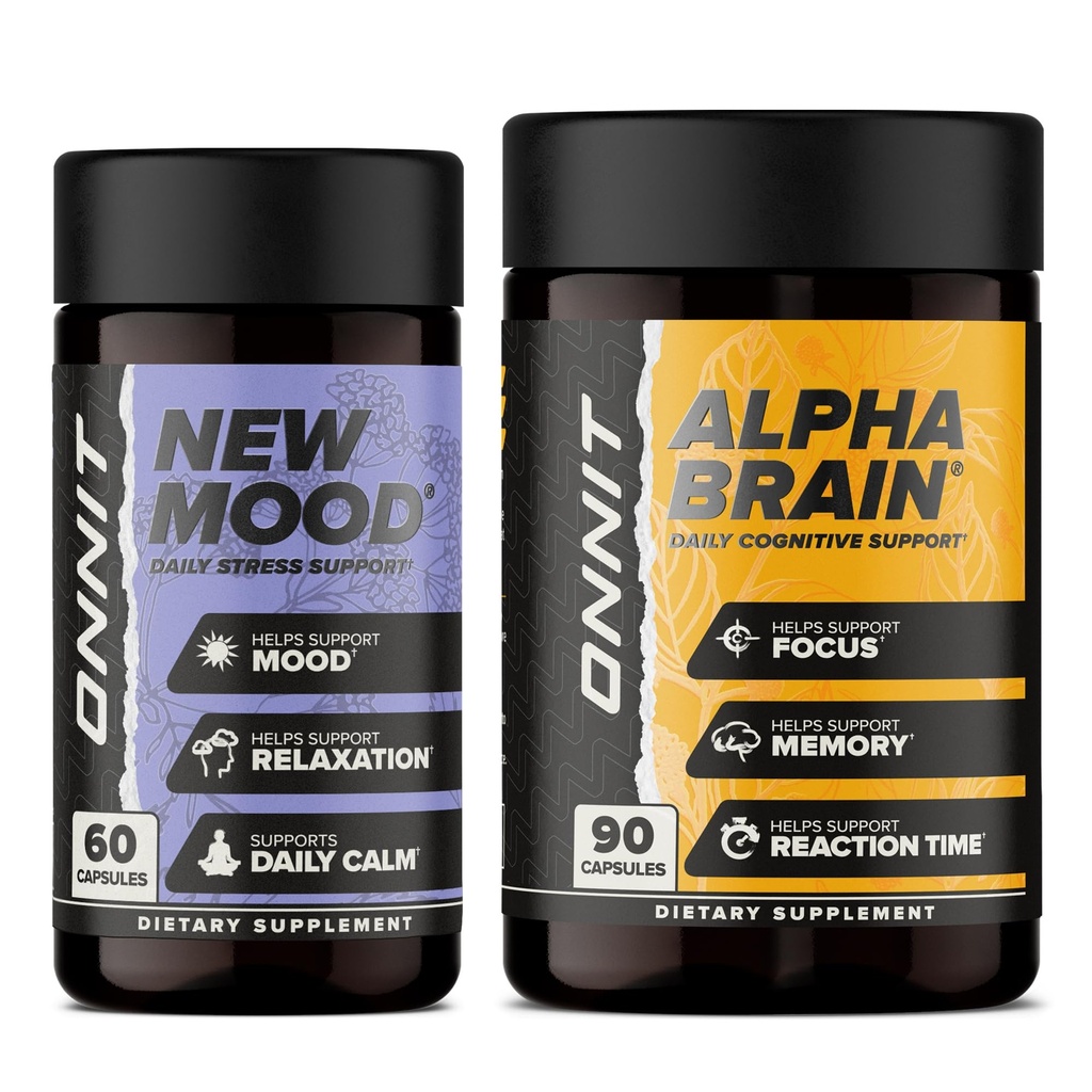 ONNIT Premium Alpha Brain Bundle - Nootropic Brain Supplement (90 greve) för fokus, koncentration och minne + Nytt humör Supplement för stressavlastning, sömn och humör (60 greve)