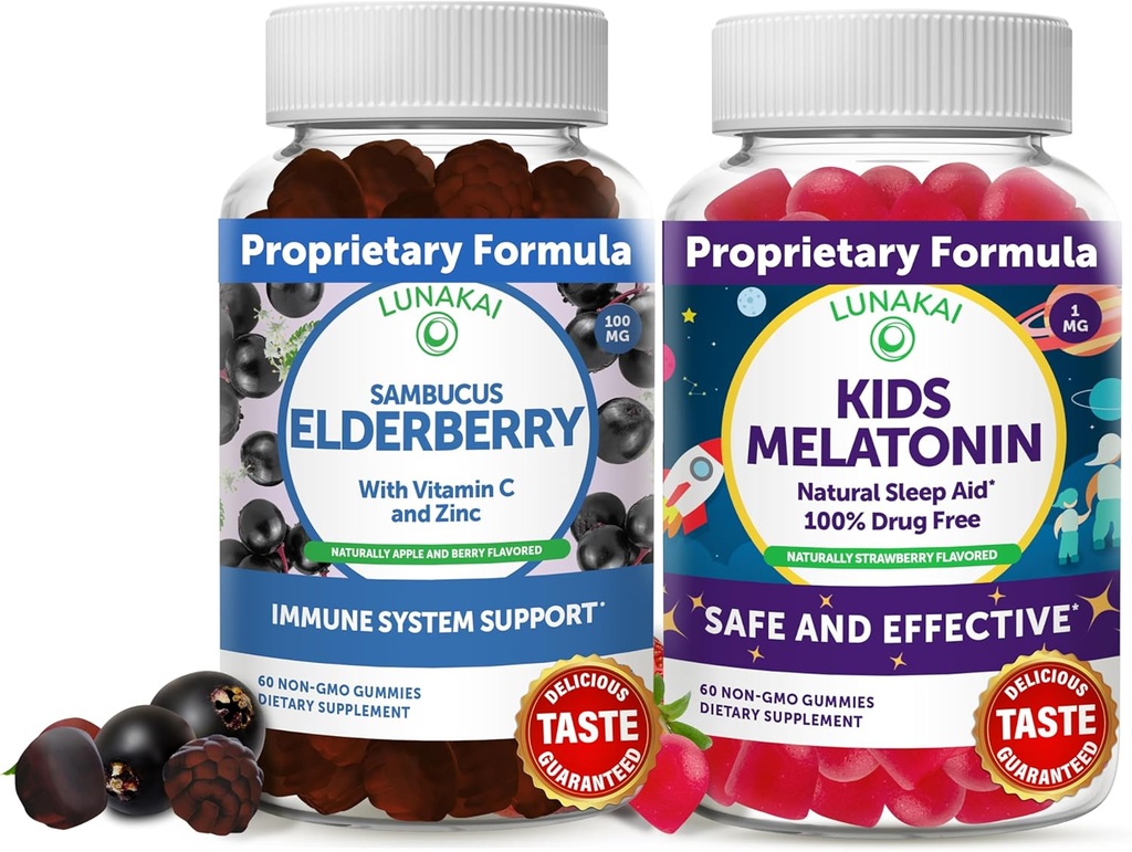Lunakai Aikuiset Elderberry ja lapset Melatoniini Gummies Bundle - Immuunituki sinkin ja C-vitamiinin aikuisille ja lapsille - ei-GMO, Vegaani, Gluteeniton luonnollinen uni Gummy
