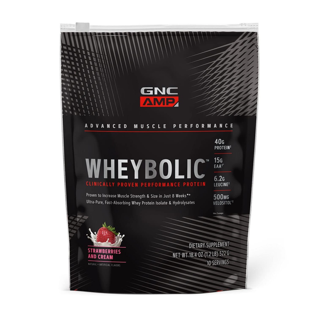 GNC AMP Wheybolic Kliinisesti todistettu proteiinijauhe, 40g Whey Protein, BCAA, Leusine, Lisää lihasvoimaa, Lihas Building, 3. osapuoli testattu, Gluteeniton, mansikat ja Cream, 10 tarjoilua