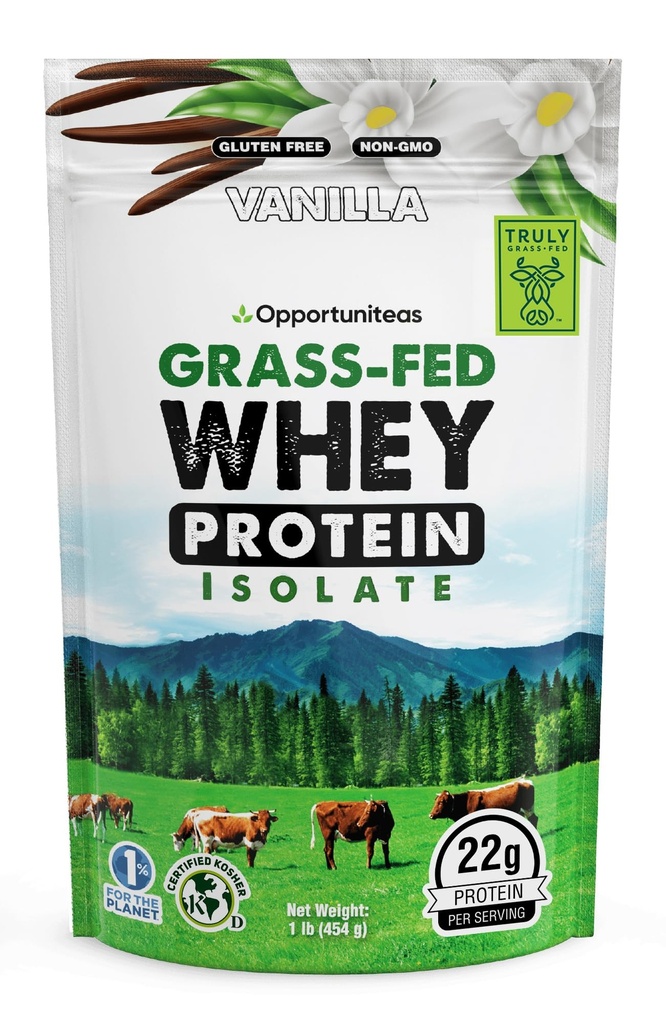 Opportuniteas Grass Fed Vanilla Whey Protein Isolate Powder - 22g Protein Powder ilman keinotekoisia makeuttajia, Hormonittomia lehmiä, ei GMO - 1lb