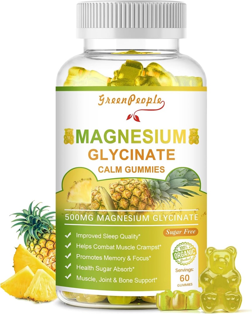 GREENPEOPLE Magnesium Glycinate Gummies with Citrate 1000mg, Taurate & Matale - Sokeriton - Magnesium Kaliumlisä D-vitamiinia, K2 rauhoittaa & Zzz tuki - 60 ananas Gummies
