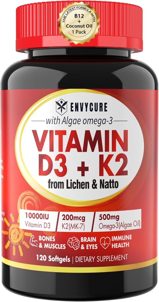 Kasvipohjainen D3-vitamiinia K2 täydentää Softgel - Vit D3 10000 Iu + K2-vitamiini Mk7 200 Mcg, Algae Omega-3, Magnesium, B12-vitamiinia luun ja lihaksen, immuunisupport, Max Imeytyminen, helppo niellä 1 pakkaus