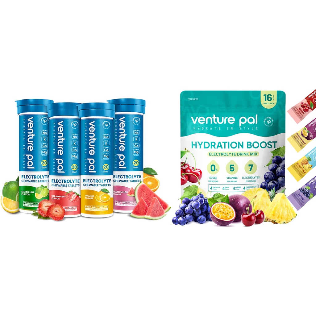 Venture Pal Sugar Free Electrolyte Powder Packets & Chewable Fast-Melt Electrolyte Tabletit, Sport Electrolyte käynnissä vaellus Pyöräily urheilu ravitsemus...