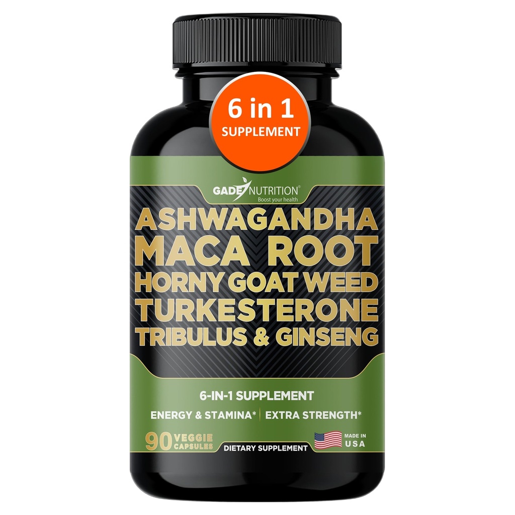 Gade Nutrition Ashwagandha Maca Root, Horny Goat Weed, Turkesterone Supplement, Tribulus Terrestris, Panax Ginseng . 90 Kasvikapselit energia, kestävyys, suorituskyky.