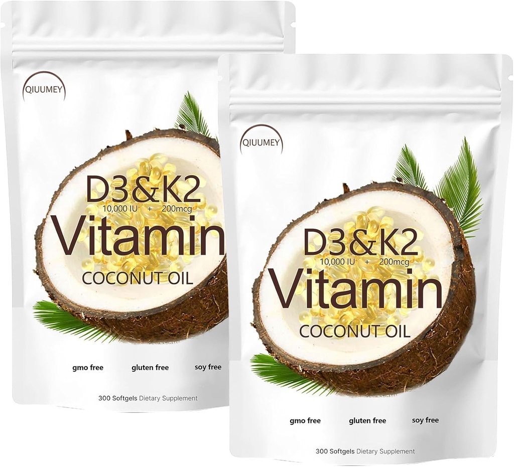 D3 + K2 Kookosöljy pehmeät geelit, D3 10000 iu Plus K2 (MK-7) 200 mikrog, D3 K2 -vitamiinin lisät Softgels, Mallenish D3 K2 -vitamiini Softgels 300 g