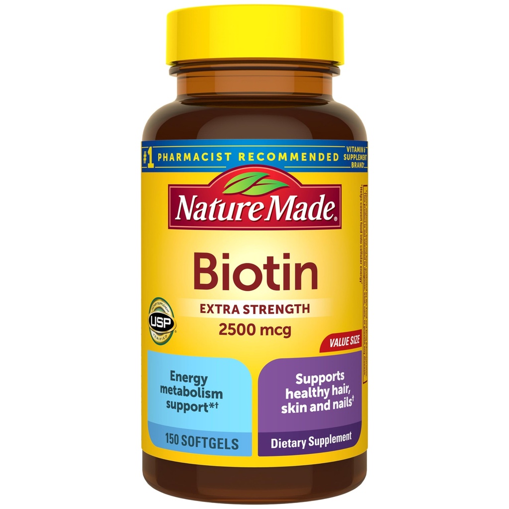 Luonto valmistettu Biotin 2500 mcg Extra vahvuus, Biotiini täydentää Tuki Terveet hiukset iho ja kynnet, 150 Softgels, 150 päivän tarjonta