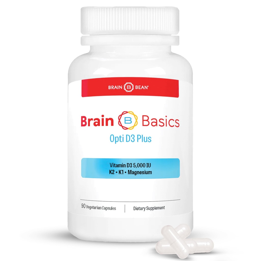Brain Basic Opti D3 Plus - D3-vitamiini 5000 IU K1, K2, ja magnesium - aivojen tuki täydentää mieli, mieli, muisti - luu, lihakset ja immuuni terveys - Gluteeniton, soijaton ja maitotuotteeton