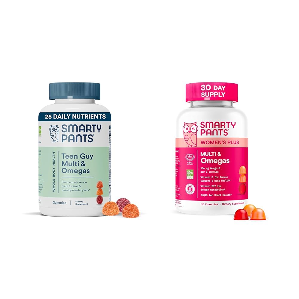 SmartyPants Naisten ja Teini Guy Multivitamiini Gummies Bundle: Omega 3 (DHA/EPA), Metyylifolaatti, CoQ10, D3, C-vitamiini, B12, B6, A-vitamiini, K & Sinkki, Gluteeniton (30 päivän tarjonta)