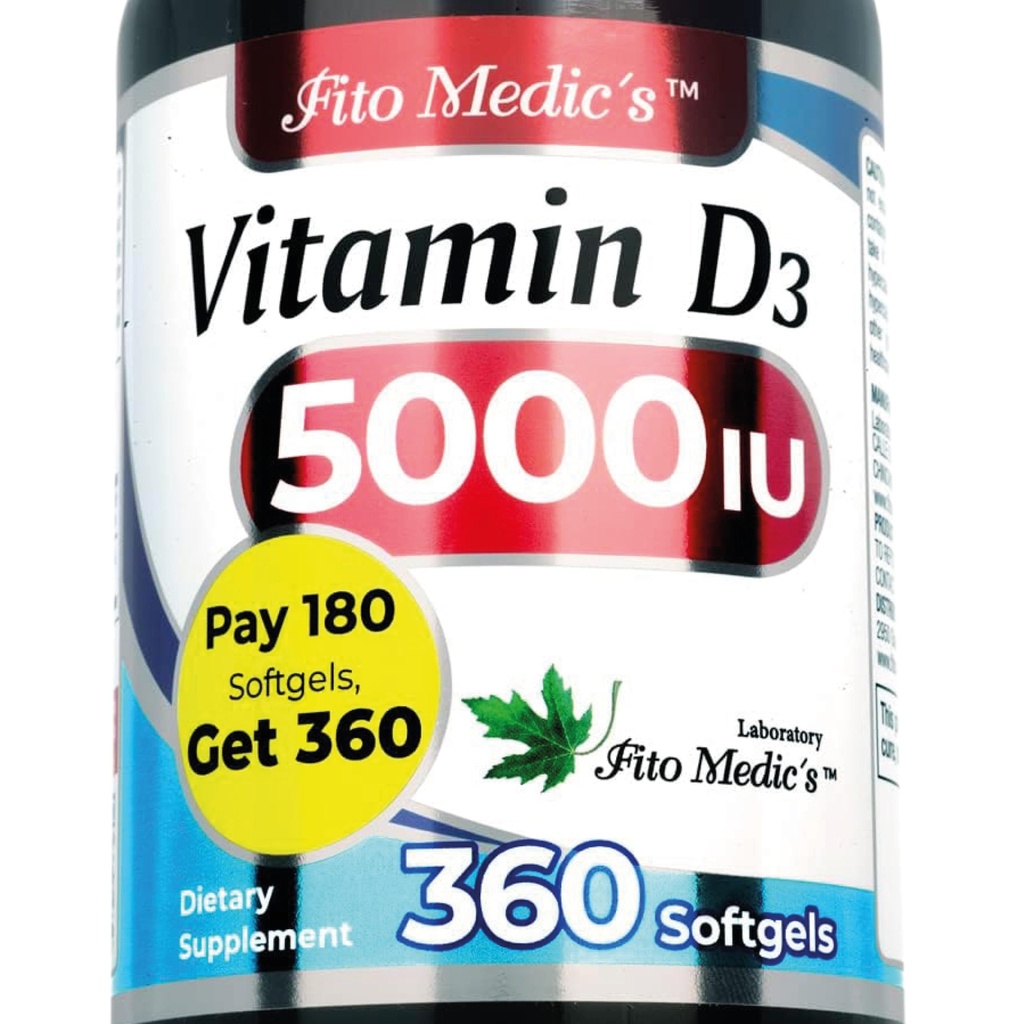 FITO MEDIC Lab - D-vitamiini - 5000 IU - D3- 360-vitamiinia - D3-vitamiinia 5000 iu - luun, hampaiden, lihasten ja immuuniterveyden tuki, erittäin suuri imeytyminen, vitamiini d3.