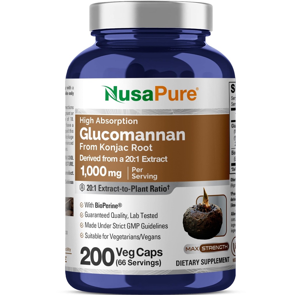 NusaPure Glucomannan 1000 mg per 200 Veg Caps (BioPerine, ei-GMO, Vegan) Konjac juuri