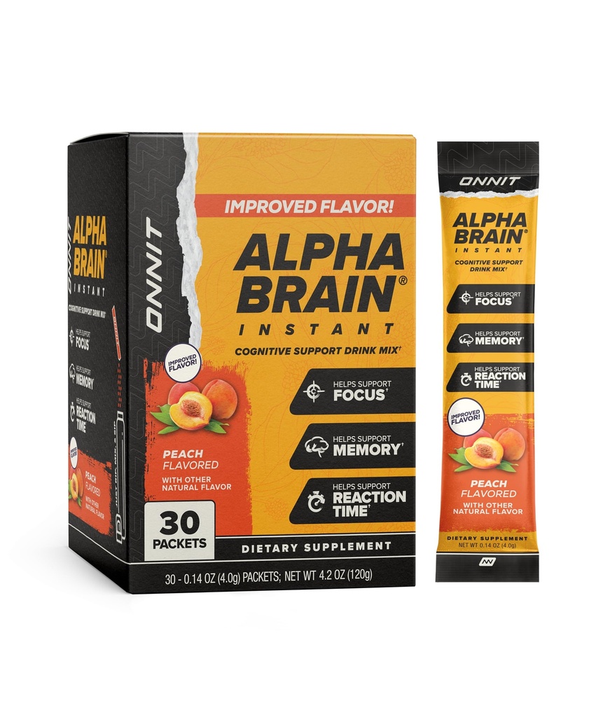 ONNIT Alpha Brain Instant Peach Flavor - Nootropic Brain Booster Memory Supplement - för Focus, Energy & Clarity - Alpha GPC Choline, Cats Claw, L-Theanine, Bacopa - 30ct