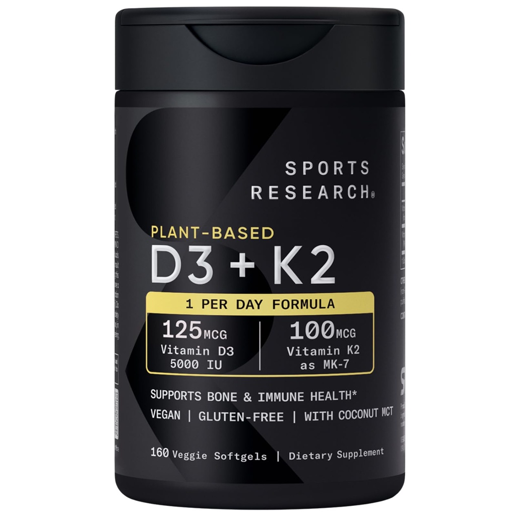 Sportforskning Vitamin D3 K2 med 5000iu av växtbaserad D3 & 100mcg av vitamin K2 som MK-7, icke-GMO Verified & Vegan Certified - 160 Liquid Softgels