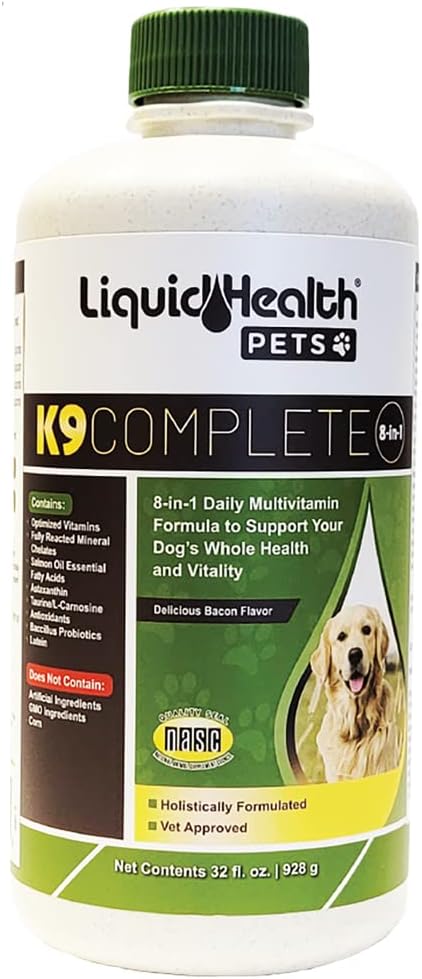 LIQUIDHEALTH Lemmikit K9 Täydellinen 8-in-1 Liquid Multivitamiini aikuisille Senior Dogs & Pennut, Kaikki yksi täydellinen Formula koiran vitamiineja ihon ja turkin, yhteinen terveys, Immuuni tuki - USA Made (32 oz)