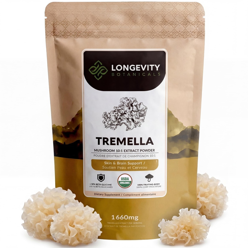 Organisk Tremella Mushroom Powder Supplement 100g | Pure Fruiting Body 10:1 High Strength Snow Fungus Extract | 10% Beta-D Glucans | 16 600 mg Raw Equivalent Per Serving | Hud Hydration & Brain Support