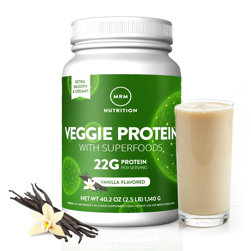MRM Nutrition Veggie Protein med Superfoods | Vanilla Flavored | 22g Complete Protein | Över 8,8 g Essential Amino syror | 13 superfoods | med Omega 3s och Omega6s | Keto Friendly | 33 portioner