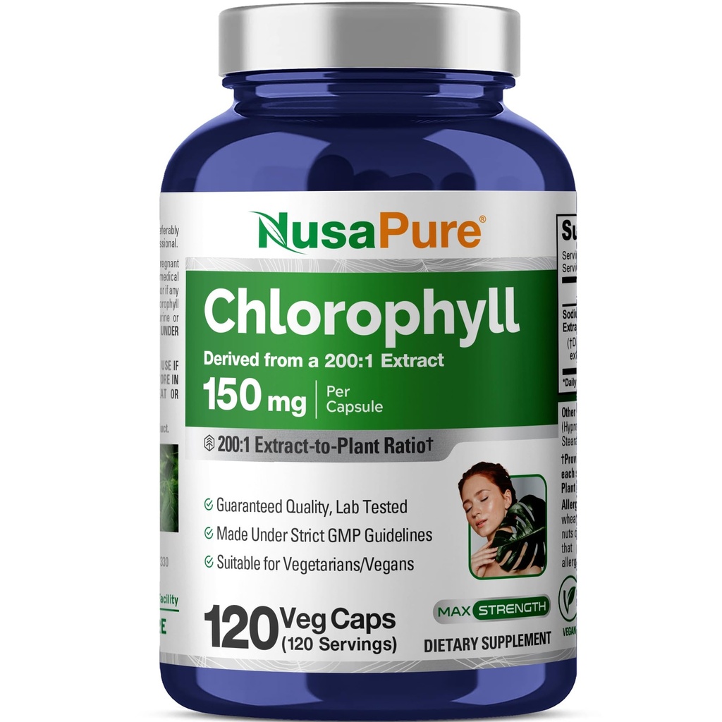 NusaPure klorofylli 200:1 uute, 150 mg vastaa 30 000 mg:aa kapselia kohti 120 kasvissyöjäkapselia (ei-GMO, vegaaninen)